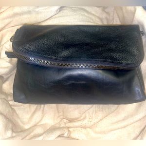AB A Bellucci Fold Over Italian Leather Large Clutch Handbag Black